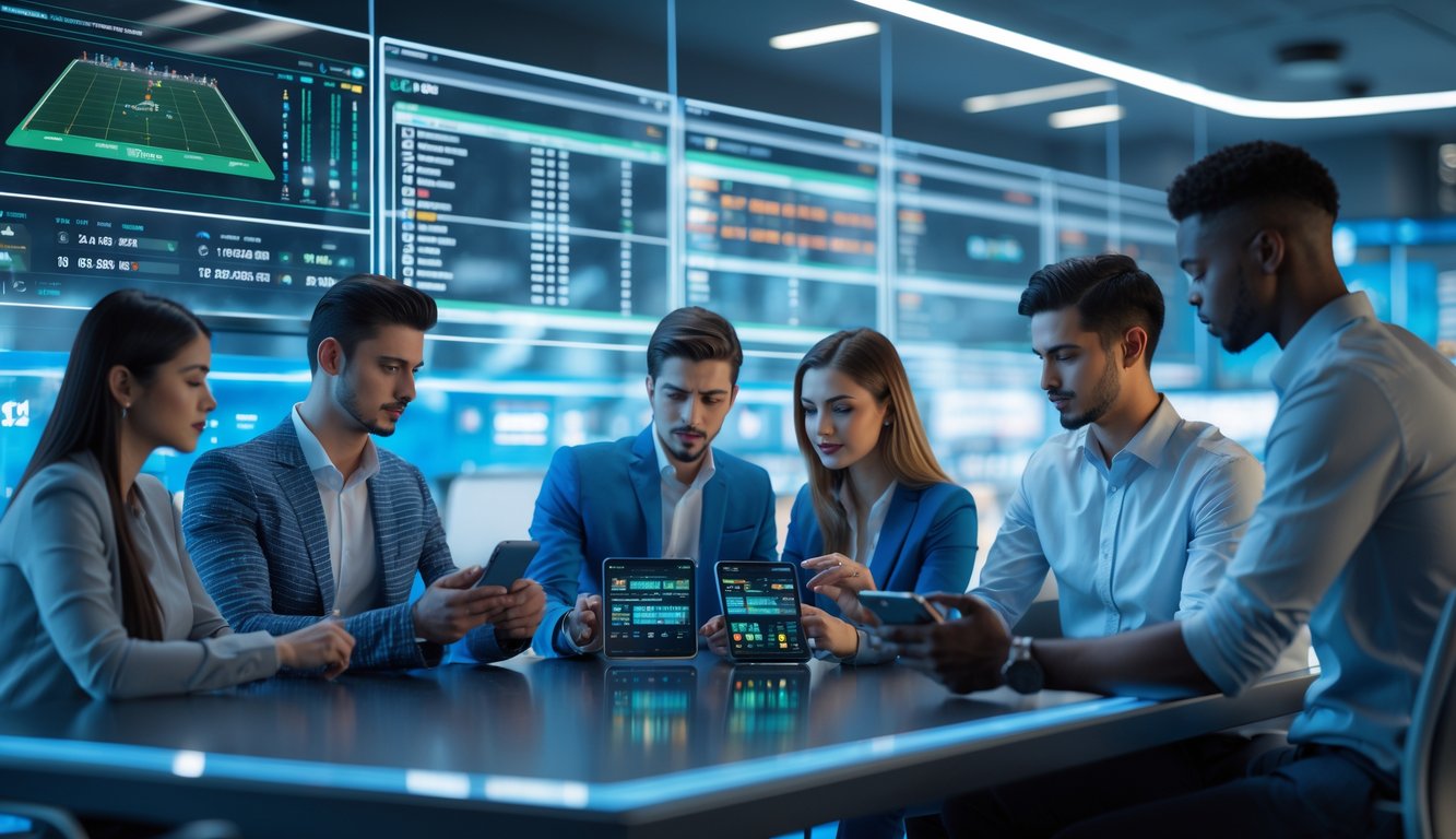 Sekelompok orang muda menggunakan perangkat digital untuk menganalisis data dan memasang taruhan sepak bola secara online di ruang kerja modern.