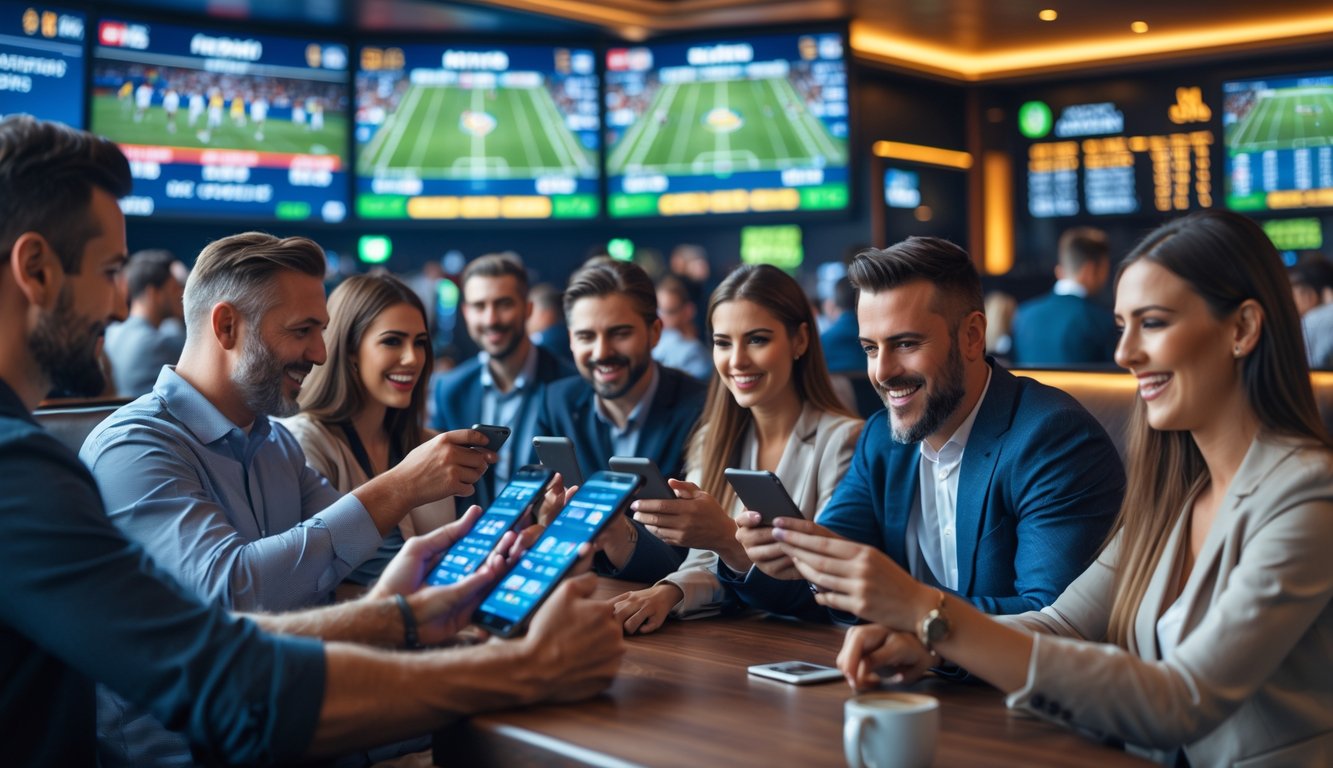 Sekelompok orang sedang memasang taruhan langsung pada pertandingan sepak bola di ruang taruhan modern dengan layar besar menampilkan pertandingan sepak bola.