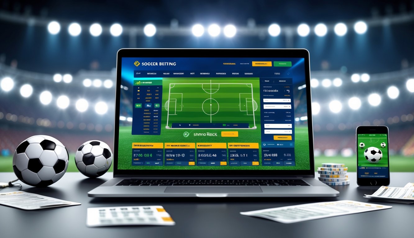 Meja kerja modern dengan laptop menampilkan situs taruhan sepak bola, bola sepak, dan ponsel dengan aplikasi taruhan, latar belakang stadion dengan lampu sorot dan penonton kabur.