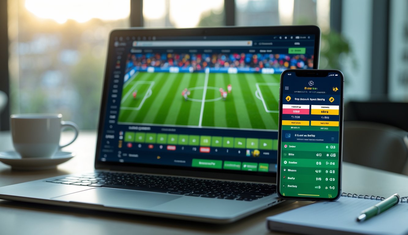 Seorang pria menggunakan laptop dan ponsel di meja kerja dengan pertandingan sepak bola yang sedang berlangsung di layar.