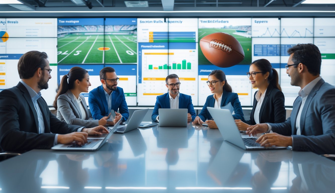 Sekelompok profesional bisnis sedang rapat di kantor modern dengan layar digital menampilkan statistik olahraga dan peluang taruhan.
