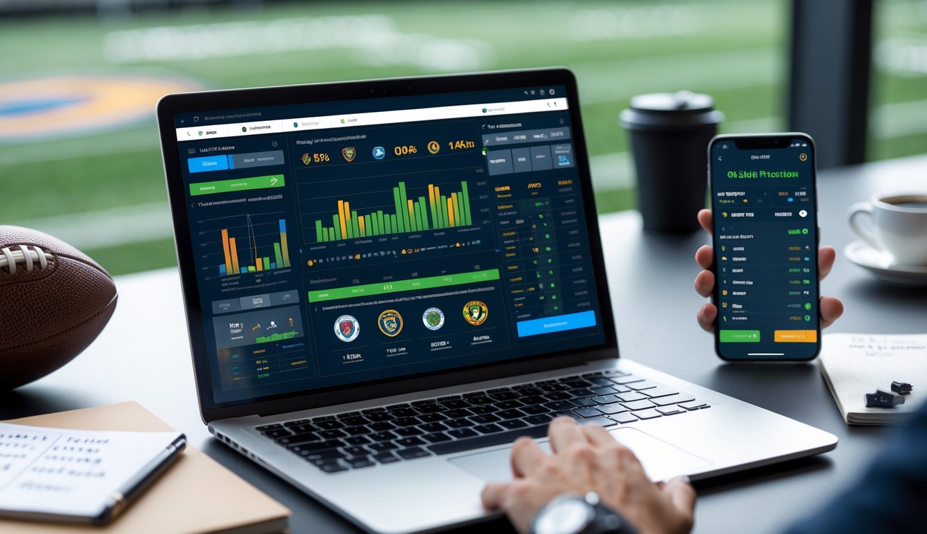 Seorang pria duduk di meja kerja dengan laptop yang menampilkan statistik sepak bola dan ponsel dengan aplikasi prediksi pertandingan, di samping bola sepak dan catatan di atas meja.