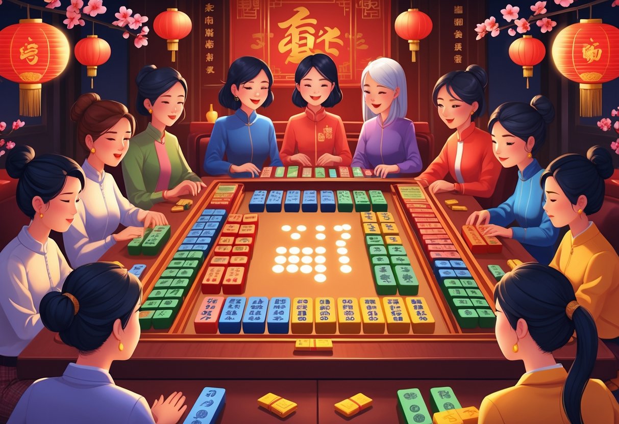 Beberapa orang bermain Mahjong di meja dengan pola kemenangan scatter yang menyala dan dekorasi Tahun Baru Imlek di latar belakang.