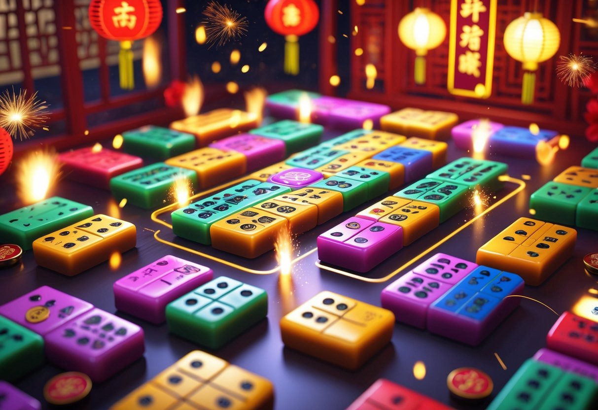 Ilustrasi meja permainan Mahjong dengan ubin warna-warni yang bersinar dan dekorasi merah emas merayakan kemenangan cepat.