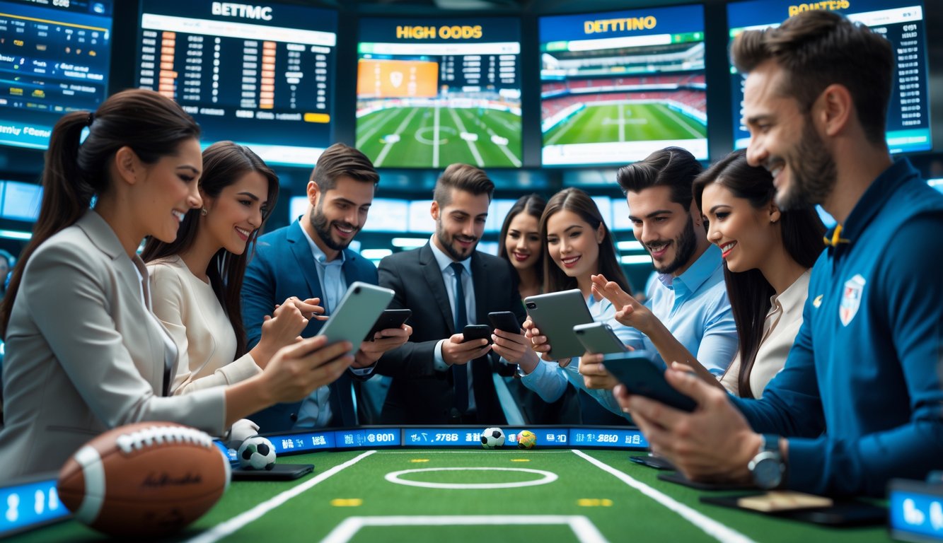 Orang-orang sedang memasang taruhan bola dengan layar digital menampilkan statistik dan peluang pertandingan sepak bola.