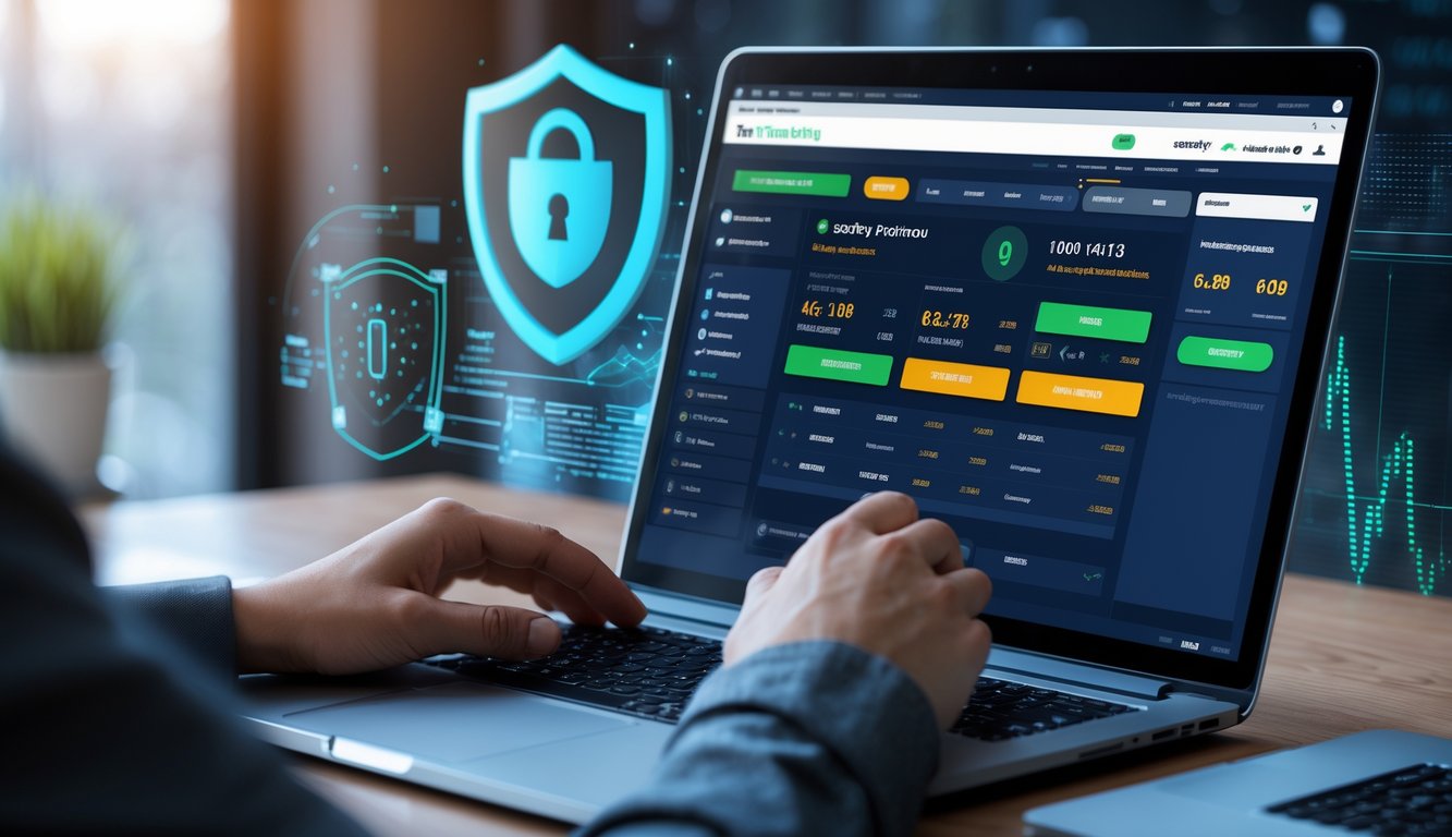 Seseorang menggunakan laptop di meja kerja dengan tampilan situs taruhan bola online yang aman dan terpercaya.