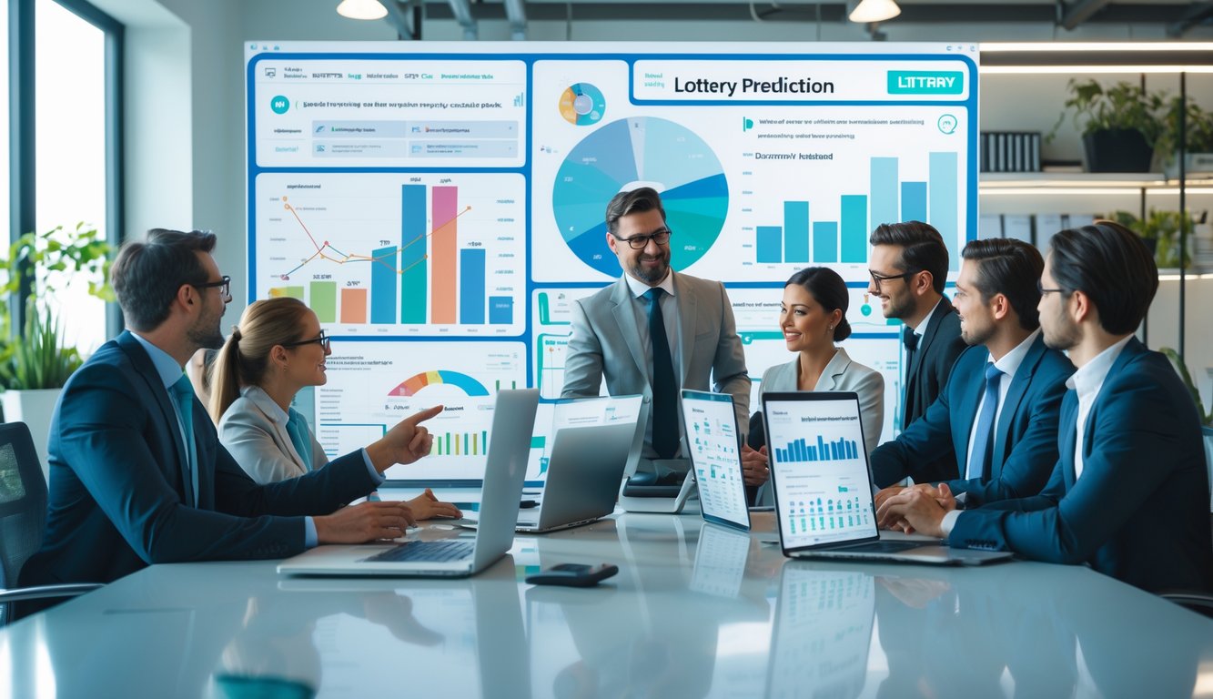 Sekelompok profesional bekerja bersama di kantor dengan layar digital menampilkan grafik dan data prediksi togel.
