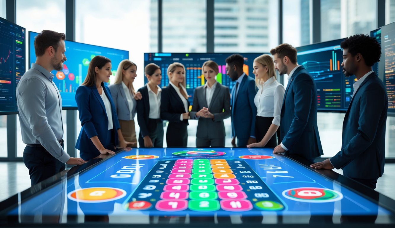 Sekelompok profesional muda sedang berinteraksi dengan layar sentuh digital di kantor modern dengan pemandangan kota di latar belakang.