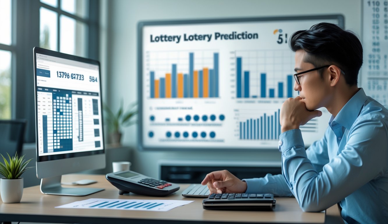 Seseorang sedang menganalisis data dan grafik di meja kerja dengan komputer dan kalkulator di kantor.