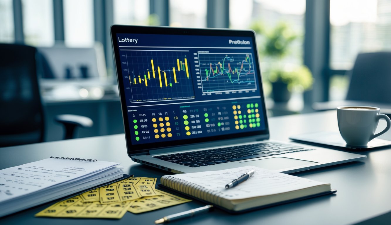 Meja kerja modern dengan laptop, buku catatan, tiket lotre, dan secangkir kopi dalam suasana kantor yang terang.