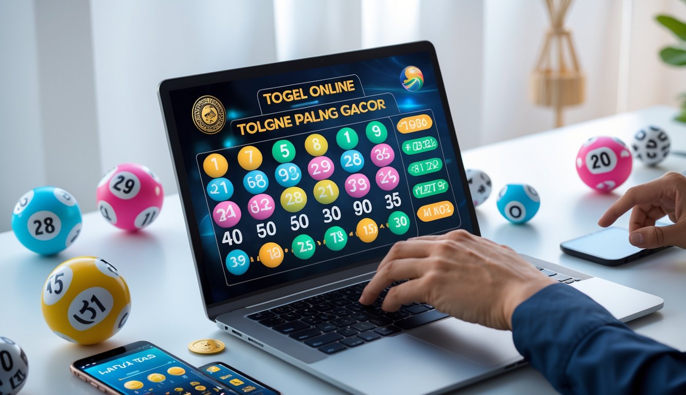 Seseorang menggunakan laptop dan smartphone dengan tampilan angka lotre di meja kerja modern.