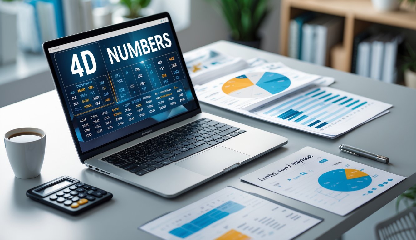 Sebuah meja kerja modern dengan laptop menampilkan data dan grafik prediksi togel, dikelilingi oleh kertas, kalkulator, dan cangkir kopi di ruangan kantor.