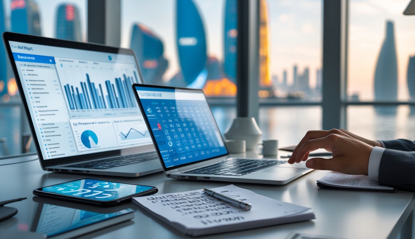 Seorang pria sedang menganalisis data lotre di meja kerja modern dengan perangkat digital dan pemandangan kota Macau di latar belakang.