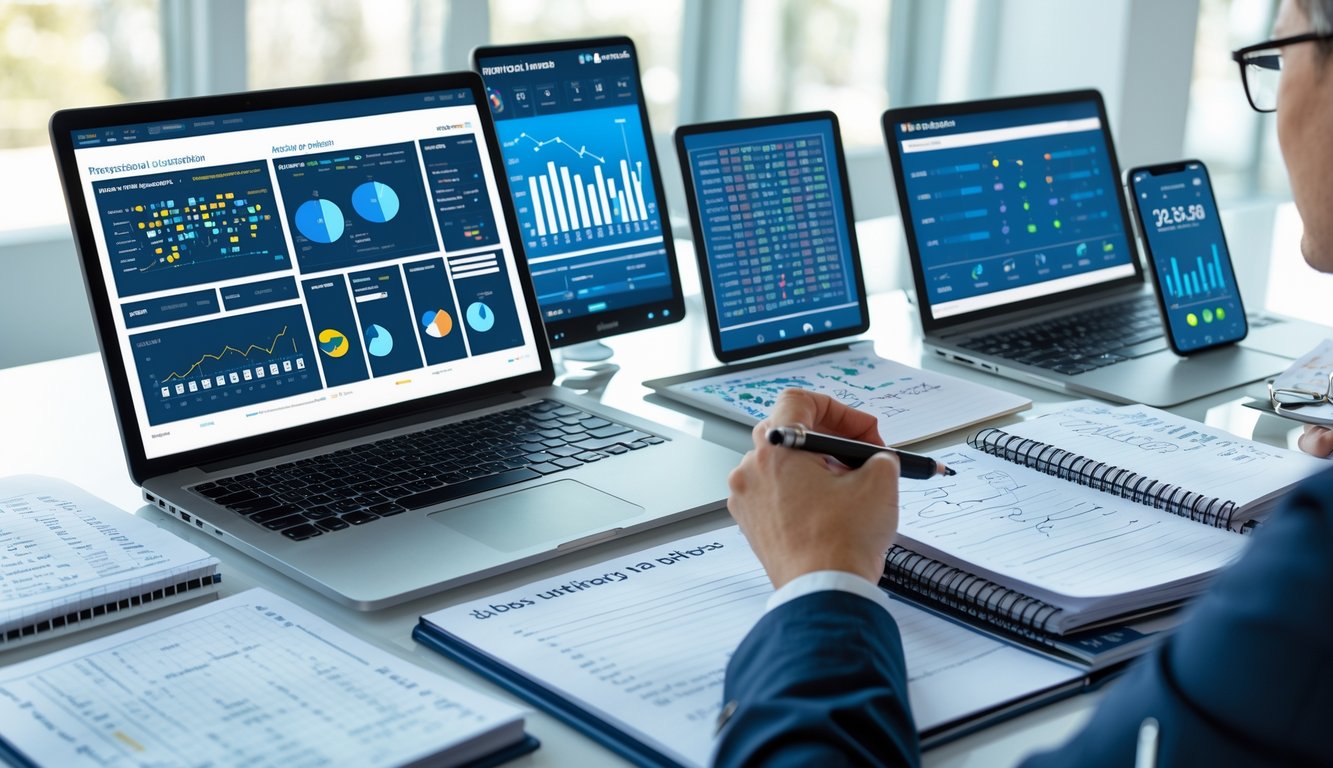 Meja kerja modern dengan perangkat digital dan catatan yang menunjukkan analisis data prediksi togel.