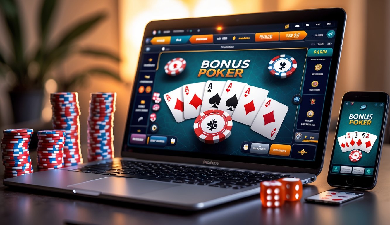 Sebuah laptop dan ponsel menampilkan permainan poker online dengan tumpukan chip poker dan dadu di sekitarnya.
