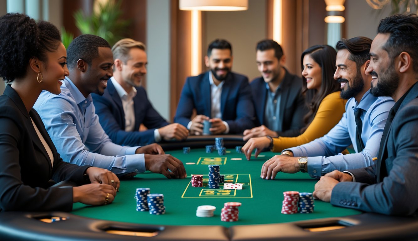 Sekelompok orang bermain poker di meja hijau dengan suasana ruangan yang nyaman dan profesional.