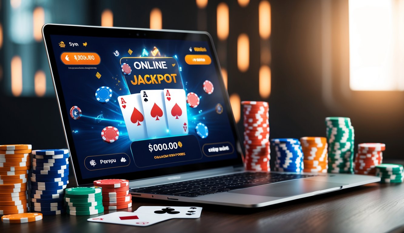 Seseorang bermain poker online dengan tumpukan chip dan kartu di atas meja, menampilkan suasana kemenangan jackpot besar.