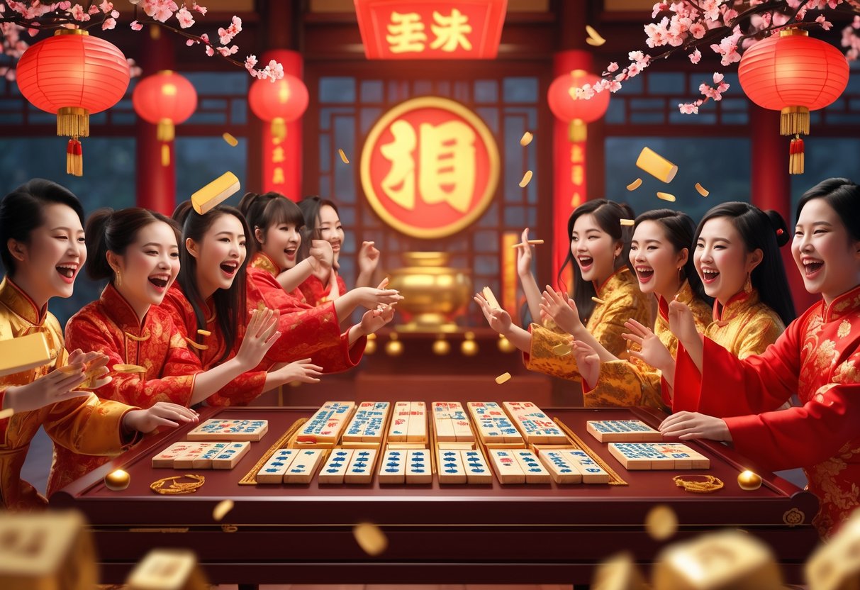 Suasana kemenangan dalam permainan Mahjong saat perayaan Tahun Baru Imlek 2025 dengan pemain yang gembira dan dekorasi merah dan emas.
