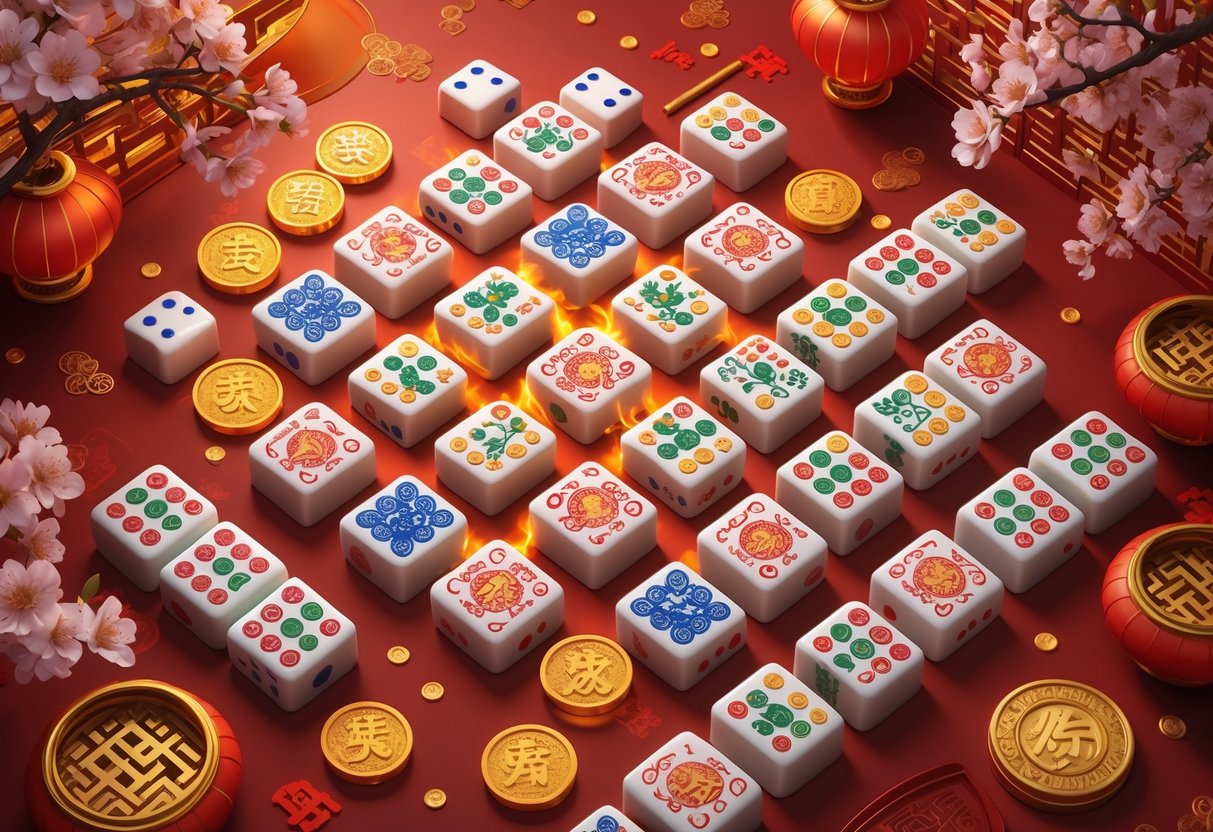 Ilustrasi sejumlah ubin Mahjong dengan hiasan koin emas, lentera merah, dan bunga sakura yang mekar, menciptakan suasana perayaan dan keberuntungan Tahun Baru Imlek.