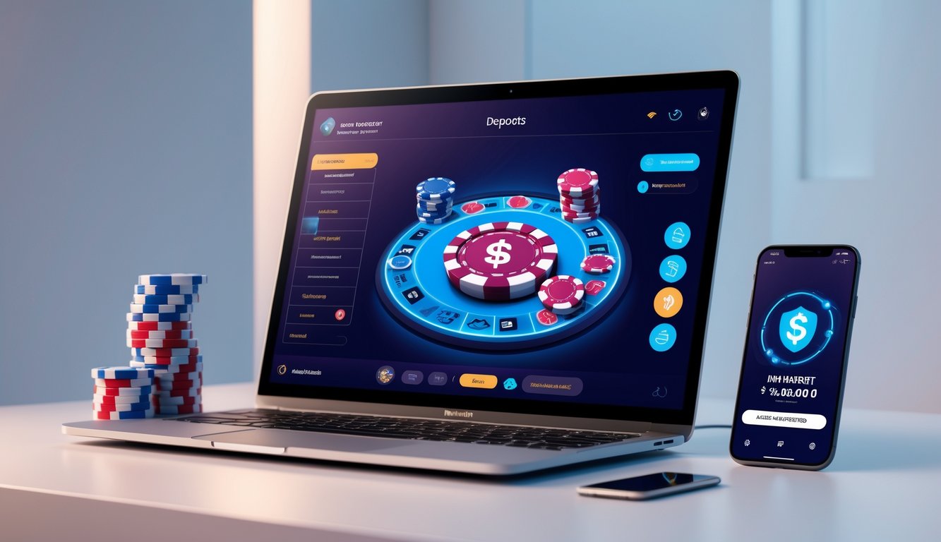 Seseorang menggunakan laptop dan ponsel untuk bermain poker online dengan fokus pada pembayaran deposit yang terjangkau.