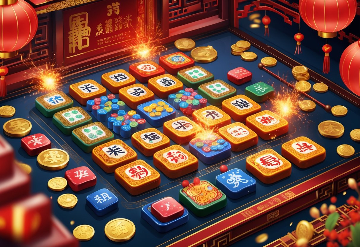 Ilustrasi permainan Mahjong dengan ubin khusus yang bersinar, dikelilingi dekorasi Tahun Baru Imlek seperti lentera merah dan koin emas, menunjukkan suasana kemenangan dan perayaan.