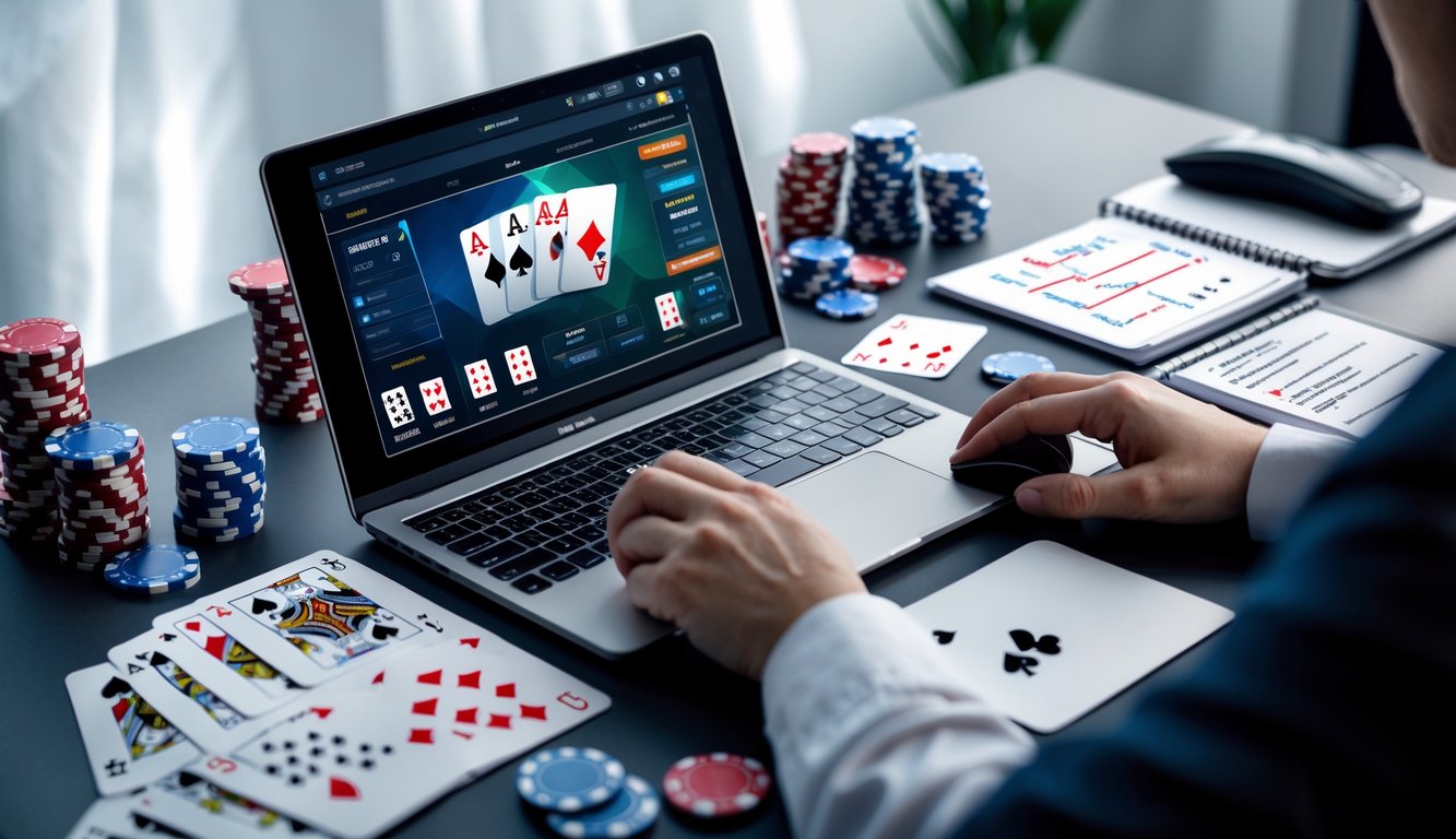 Seorang pemain poker menggunakan laptop dengan kartu dan chip poker di meja, menunjukkan suasana bermain poker online.