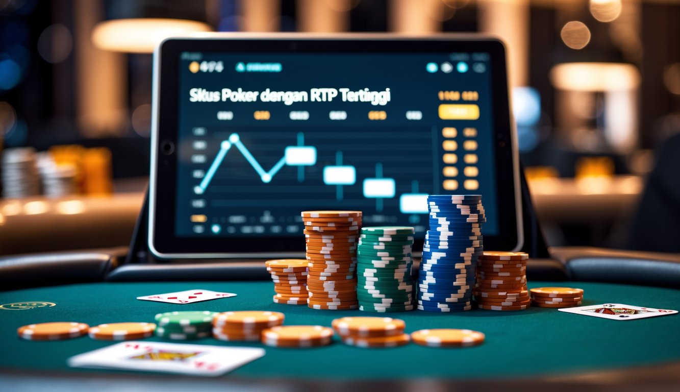 Meja poker mewah dengan tumpukan chip dan kartu, serta perangkat digital yang menampilkan statistik poker di latar belakang.