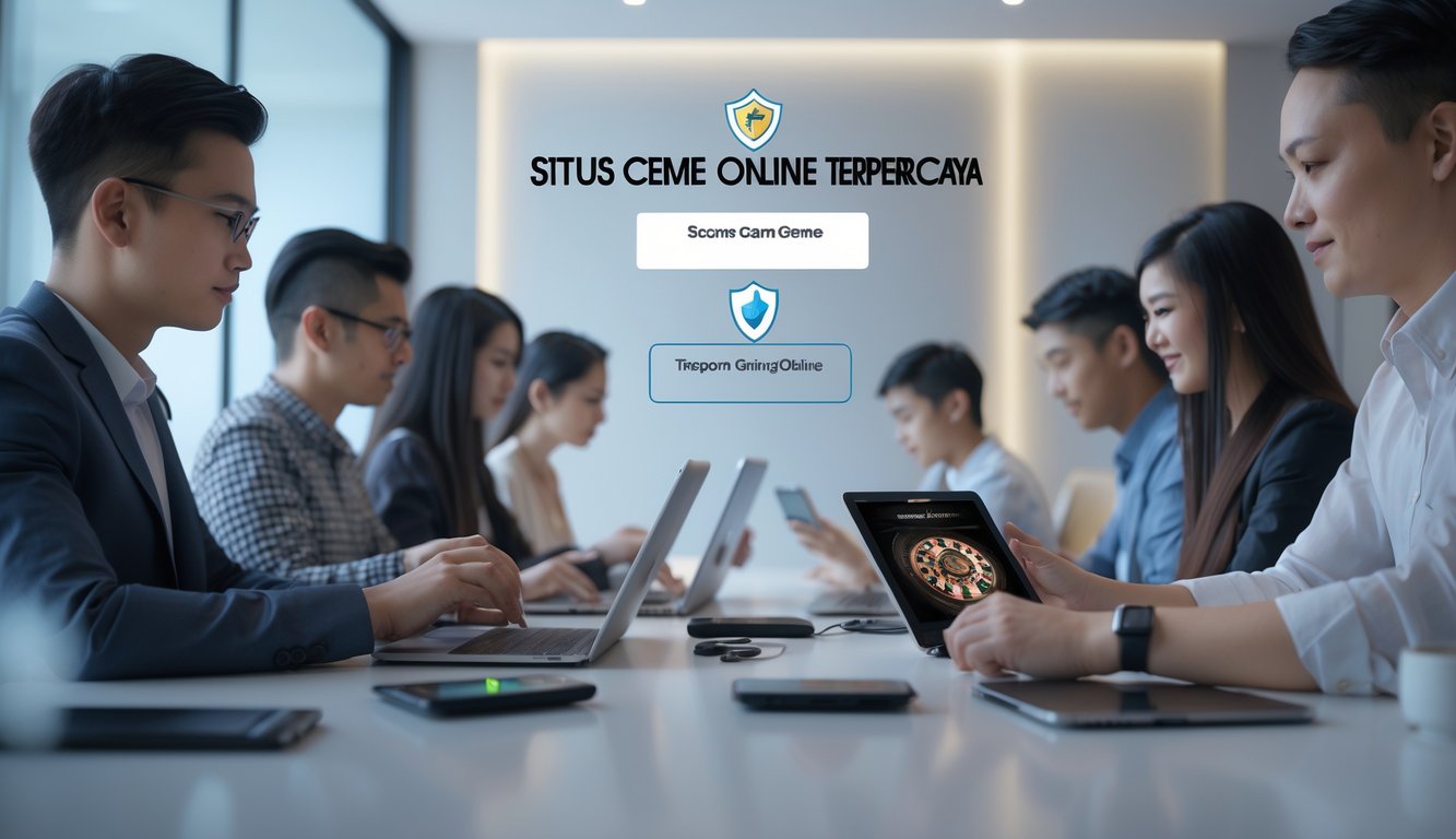 Beberapa orang sedang menggunakan perangkat digital untuk bermain permainan kartu online dalam ruangan modern yang nyaman.