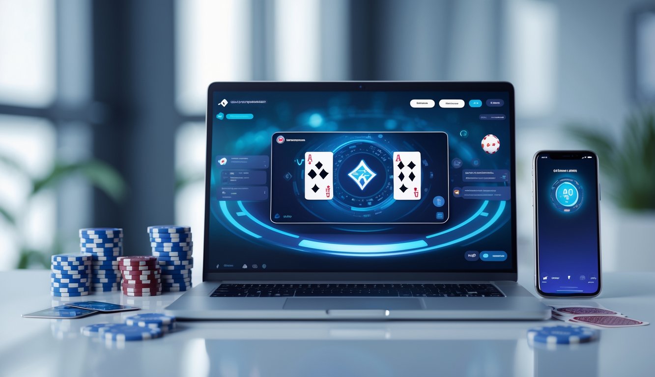 Meja kerja modern dengan laptop menampilkan permainan kartu digital dan beberapa chip poker di sekitarnya.