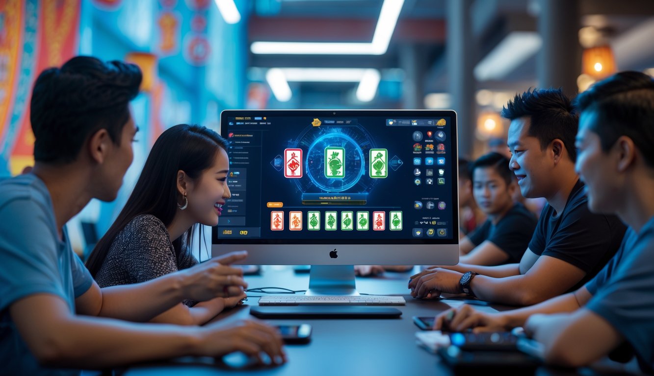 Beberapa orang muda bermain permainan kartu online di perangkat digital di latar belakang kota modern di Indonesia.