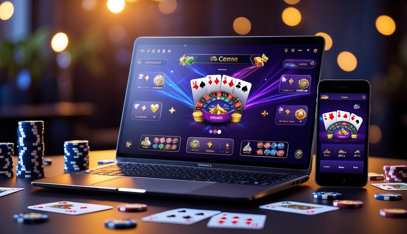 Seorang pemain menggunakan laptop dengan tampilan permainan kartu online, dikelilingi oleh chip poker dan kartu bermain.