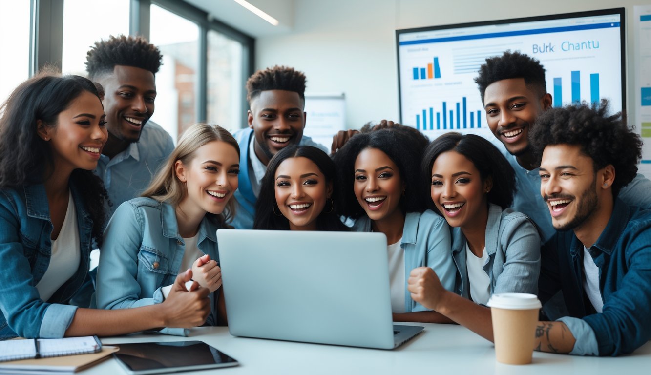 Sekelompok orang muda yang bahagia berkumpul di sekitar laptop di kantor modern, merayakan keberhasilan pendaftaran anggota baru secara online.