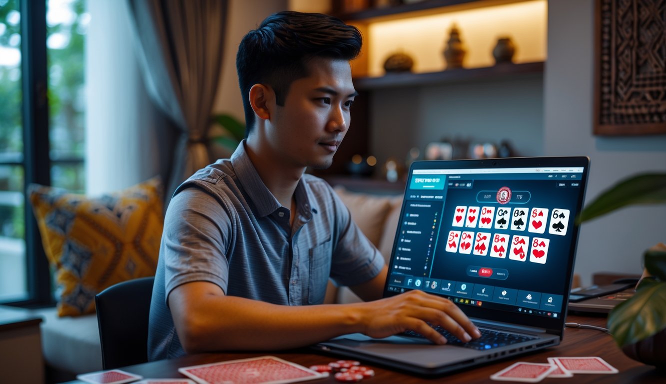Seorang pria muda Indonesia sedang bermain poker online di laptop di ruang tamu yang nyaman dengan dekorasi batik dan ukiran kayu tradisional.
