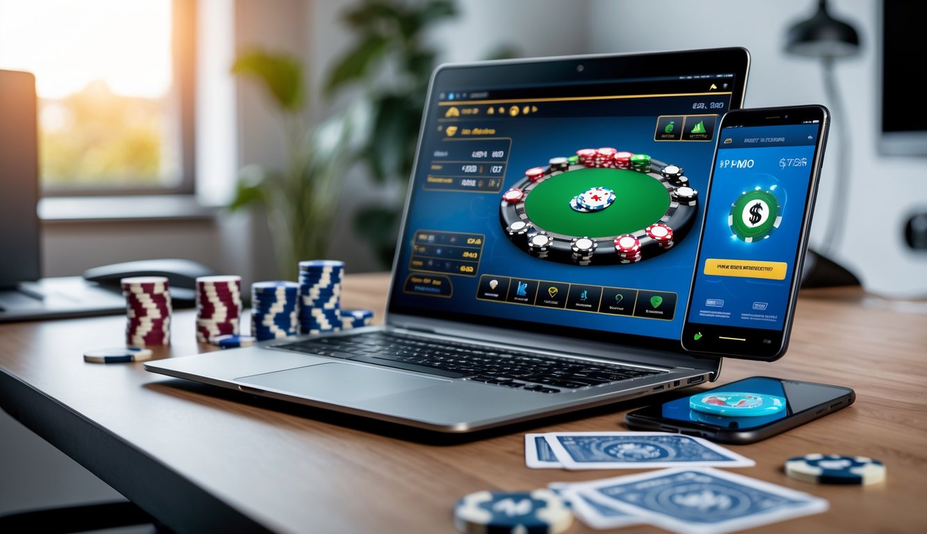 Seorang pemain poker online menggunakan laptop dengan chip poker dan kartu di meja, menunjukkan suasana bermain poker uang asli.