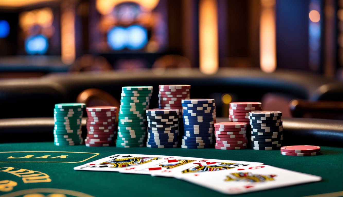Meja poker modern dengan chip dan kartu yang tertata rapi di lingkungan kasino yang elegan.