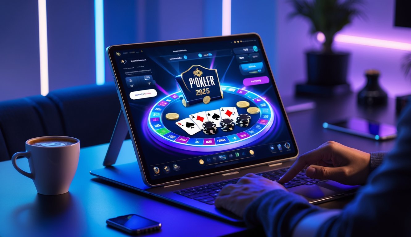 Seseorang bermain poker online di laptop dengan meja poker digital dan chip di layar dalam ruangan yang nyaman dan modern.
