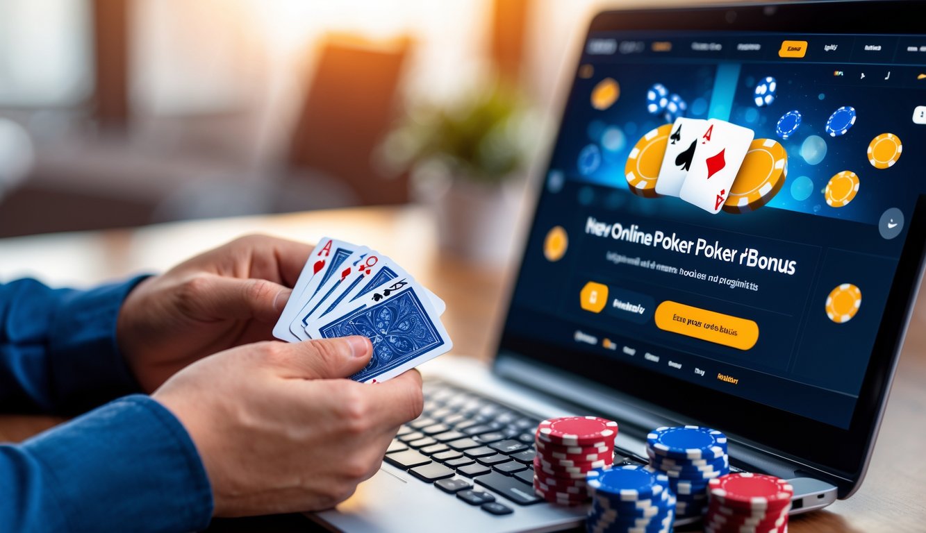 Tangan pemain memegang kartu poker di depan layar laptop dengan tumpukan chip poker di meja, suasana nyaman di rumah atau kantor.