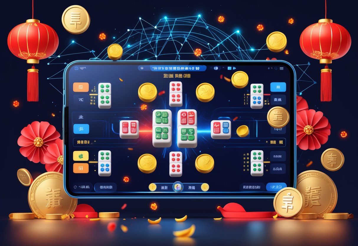 Ilustrasi seorang pemain Mahjong digital dengan latar dekorasi Tahun Baru Imlek, menampilkan ubin Mahjong yang bergerak dan elemen teknologi futuristik di sekitar layar permainan.