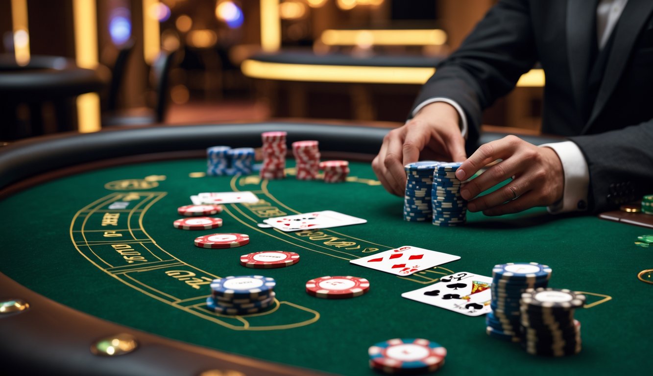 Meja poker dengan chip dan kartu di kasino mewah dengan pencahayaan hangat.