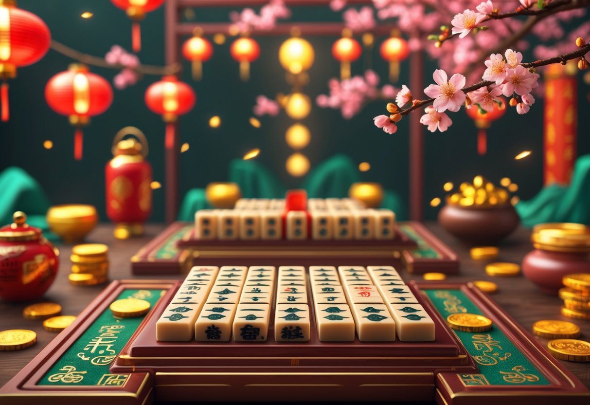 Meja Mahjong dengan susunan batu Mahjong yang menang, dikelilingi dekorasi Tahun Baru Imlek seperti lentera merah, koin emas, dan bunga sakura.