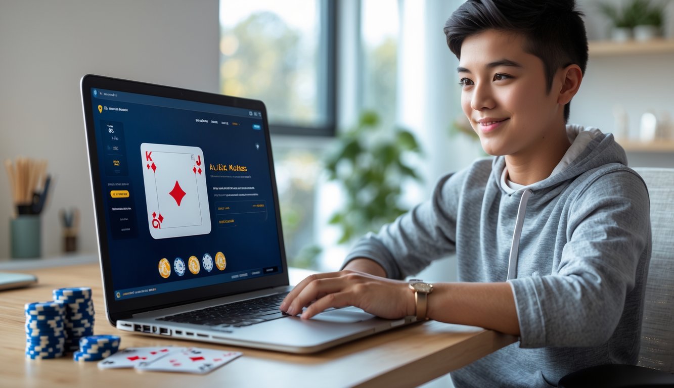 Seseorang duduk di meja dengan laptop dan kartu poker, terlihat fokus bermain poker online.