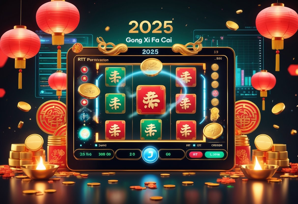Ilustrasi mesin slot bertema Mahjong dengan elemen Tahun Baru Imlek seperti lentera merah dan emas, menampilkan suasana permainan yang meriah dan futuristik.
