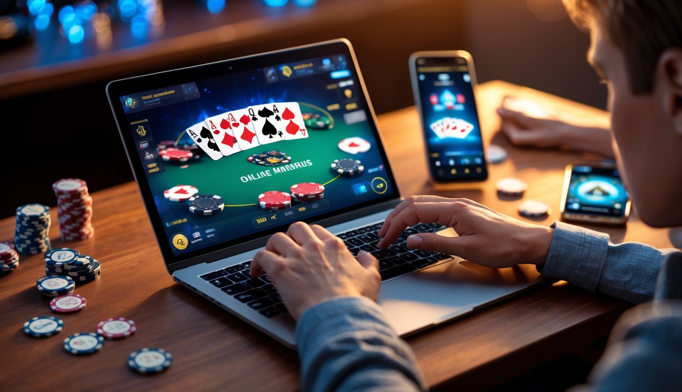 Seorang pria sedang bermain poker online menggunakan laptop di atas meja dengan chip poker dan kartu terlihat di layar.
