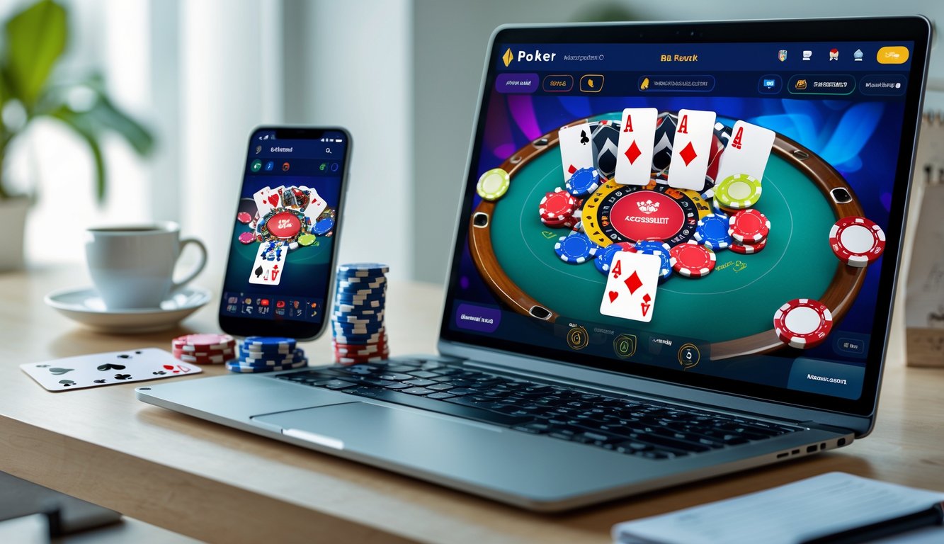 Seseorang bermain poker online menggunakan laptop dan smartphone dengan tumpukan chip poker di meja.