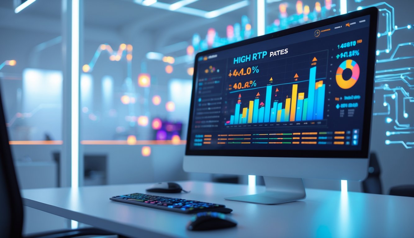 Layar komputer modern dengan grafik warna-warni yang menunjukkan data tingkat pengembalian tinggi dalam lingkungan kantor yang bersih dan terang.