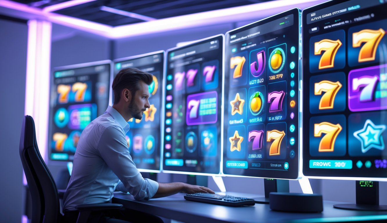 Seseorang sedang menggunakan komputer dengan layar transparan menampilkan grafik dan simbol mesin slot di ruang kantor modern.