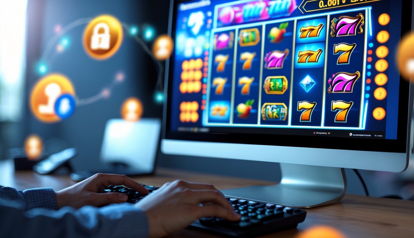 Seseorang menggunakan komputer dengan tampilan permainan slot online yang berwarna-warni di layar.