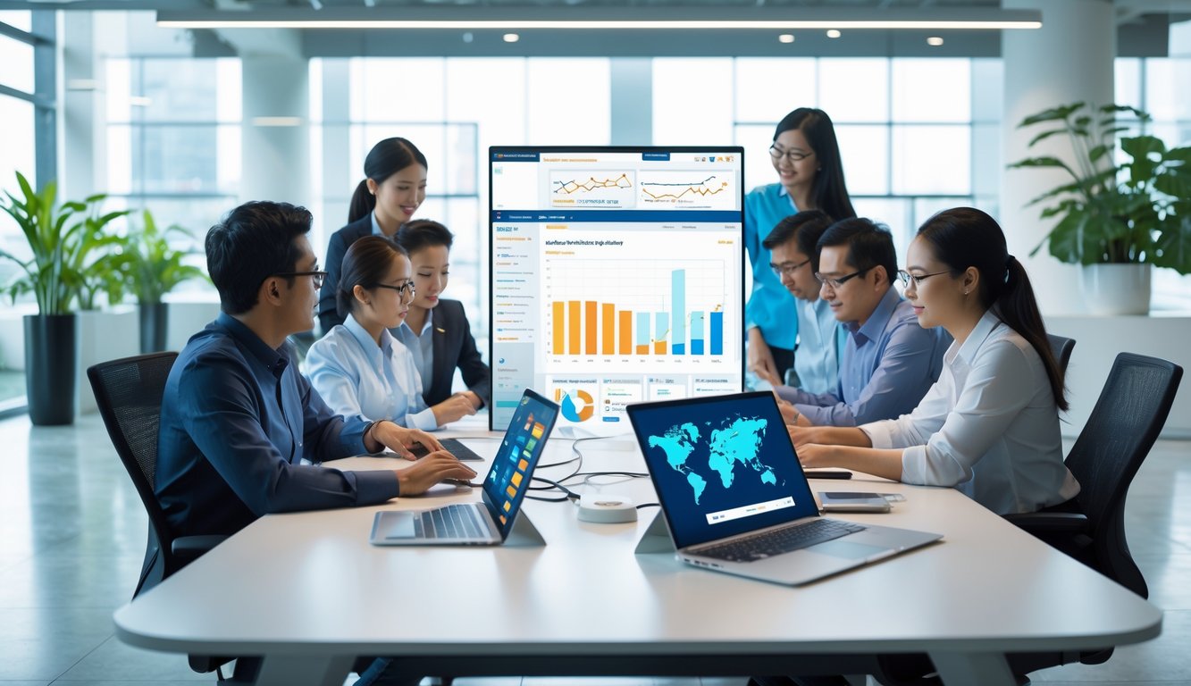 Sekelompok orang sedang bekerja bersama di ruang kantor modern dengan laptop dan tablet yang menampilkan grafik dan data online.