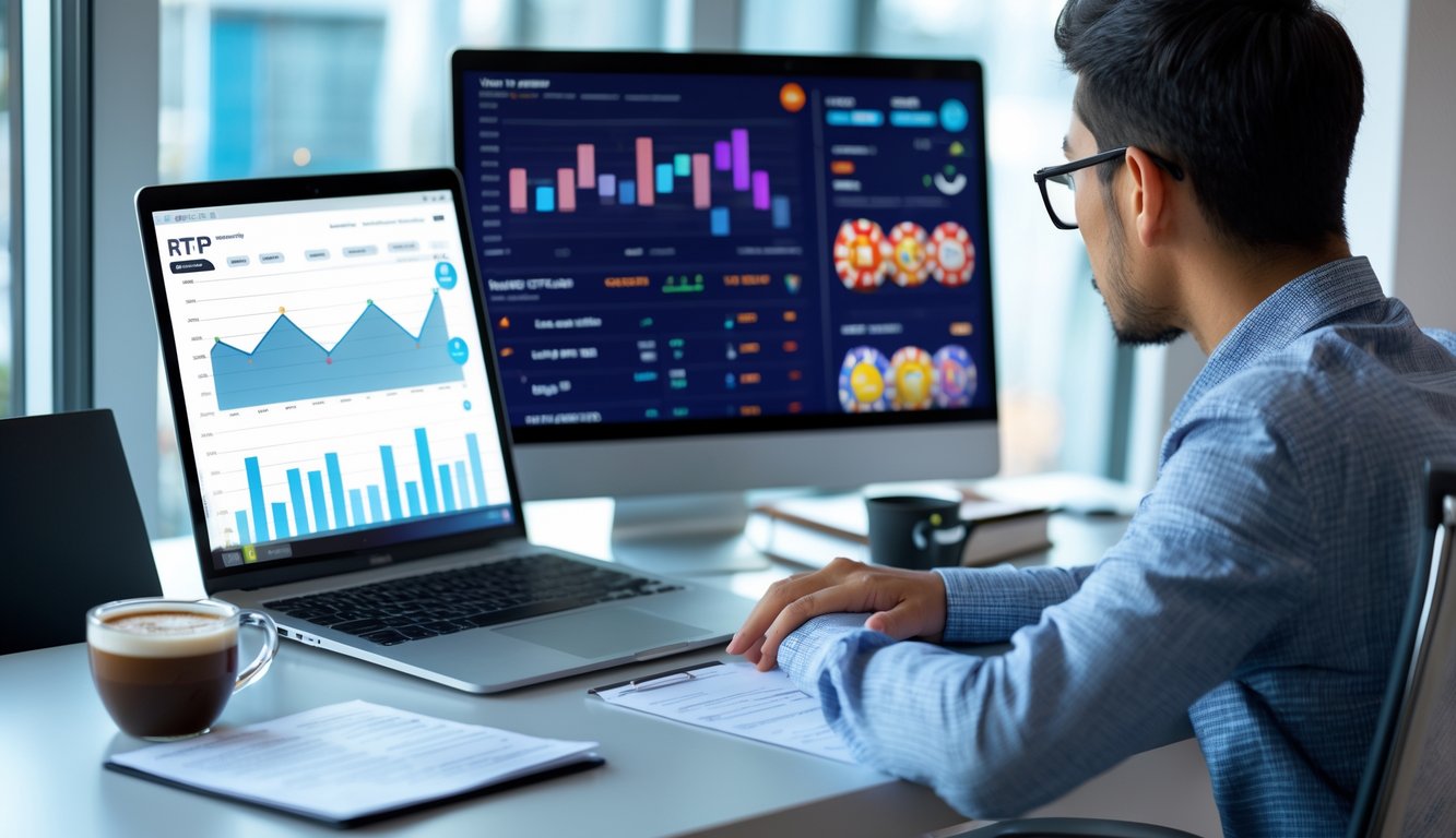 Seseorang duduk di meja kerja dengan laptop dan tablet yang menampilkan grafik dan antarmuka permainan kasino, sedang menganalisis data dalam ruangan terang dengan cahaya alami.