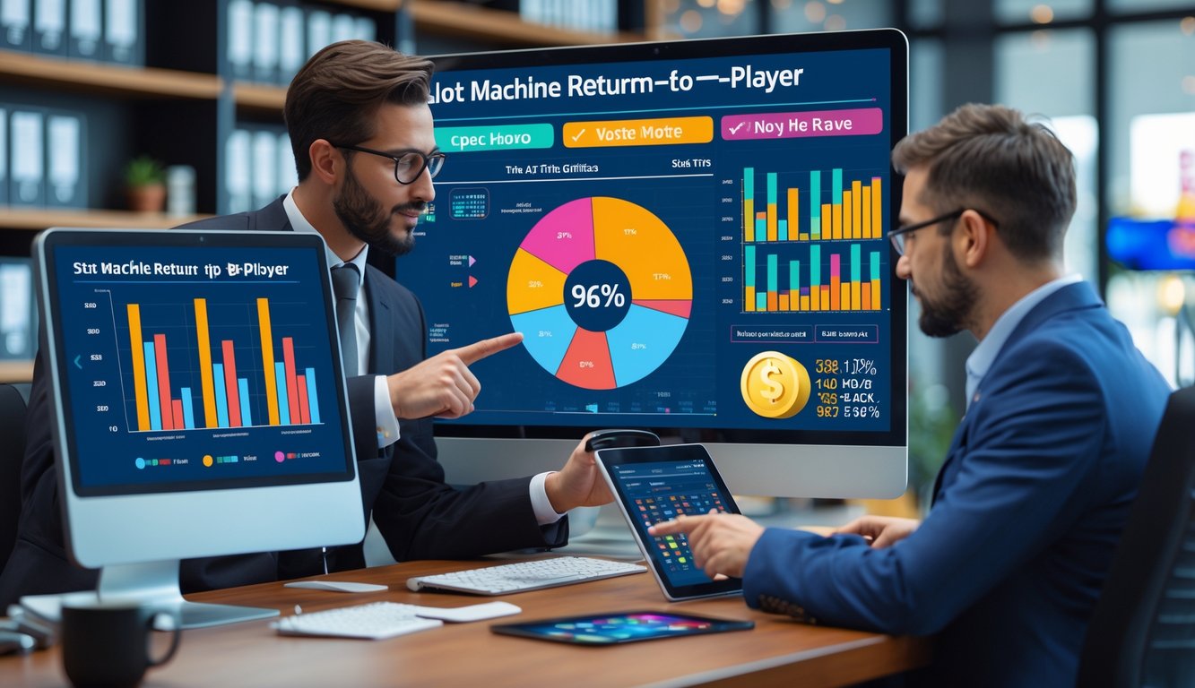 Dua profesional bisnis sedang membandingkan data grafik pada perangkat digital di kantor modern.